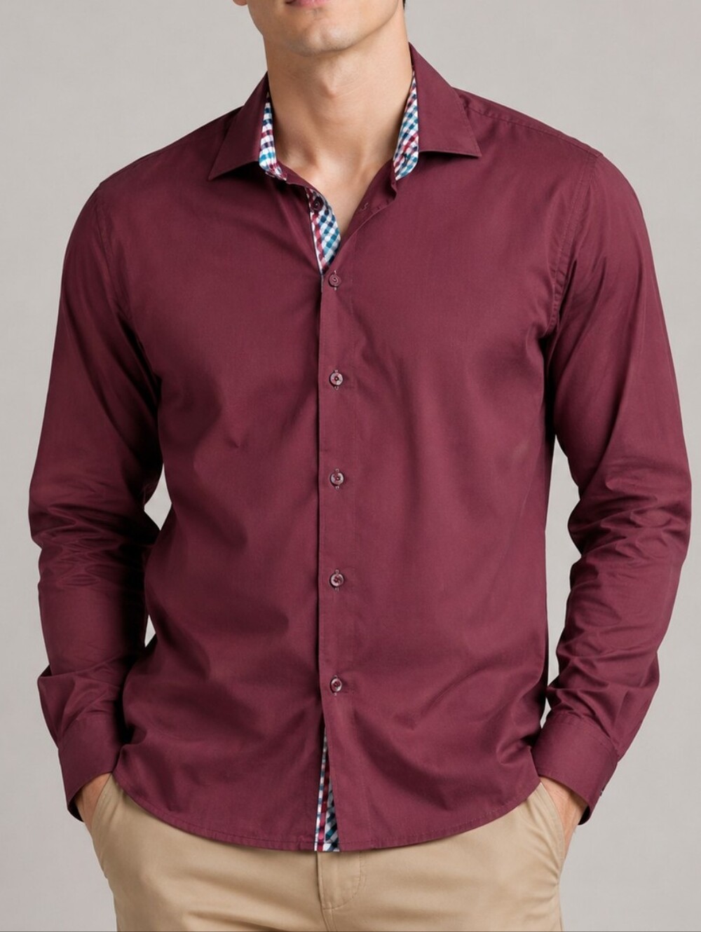 Jared Lang Cotton Maroon and Plaid Accent Button Down Shirt